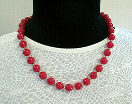 Signed MONET Cherry Red Necklace Lucite or Plastic &amp; Gold tone Shiny Bea... - £11.99 GBP