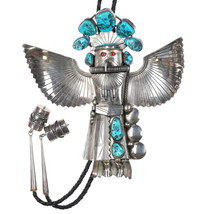 42&quot; Huge Vintage Sterling Kachina bolo tie with turquoise coral eyes - $1,314.97