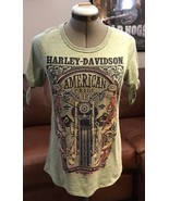 Harley-Davidson Woman&#39;s Top Green with Sequins and Tied Short Sleeves Ne... - £35.35 GBP