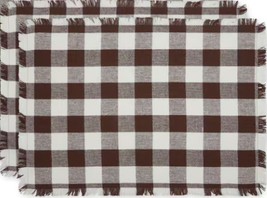 Set Of 2 Fringed Cotton Placemats(13x19&quot;)PLAID Buffalo Check,Dark Bark Brown,Dii - £10.32 GBP