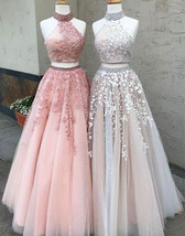 Sexy Two Piece Ivory Prom Dresses, Long Pink Prom Dress with Appliques - £144.32 GBP