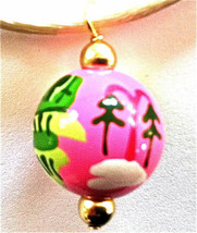 Angela Moore Necklace Pink Bead Winter Scene Green House Trees Snow On Cord - £10.11 GBP