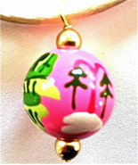 ANGELA MOORE NECKLACE PINK BEAD WINTER SCENE GREEN HOUSE TREES SNOW ON CORD - $12.86