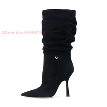 Gold Splicing Mid Calf Boots Pleated High Thin Heels Women Sexy Slip On Sweing P - £155.51 GBP