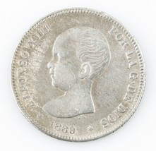 1889 España 2 Pesetas de Plata Muy Fina Detalle Alfonso XIII Km#692 - £109.99 GBP