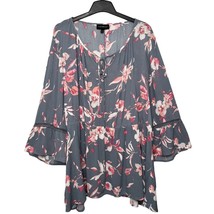 Lane Bryant Floral Tropical Flutter Croche Tiered Sleeves V Neck Pink Gray 26/28 - $23.75