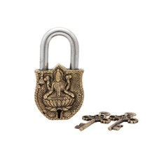 Handmade Brass Antique Pad Lock with Maa Laxmi Idol With 2 Key Padlock - £21.32 GBP