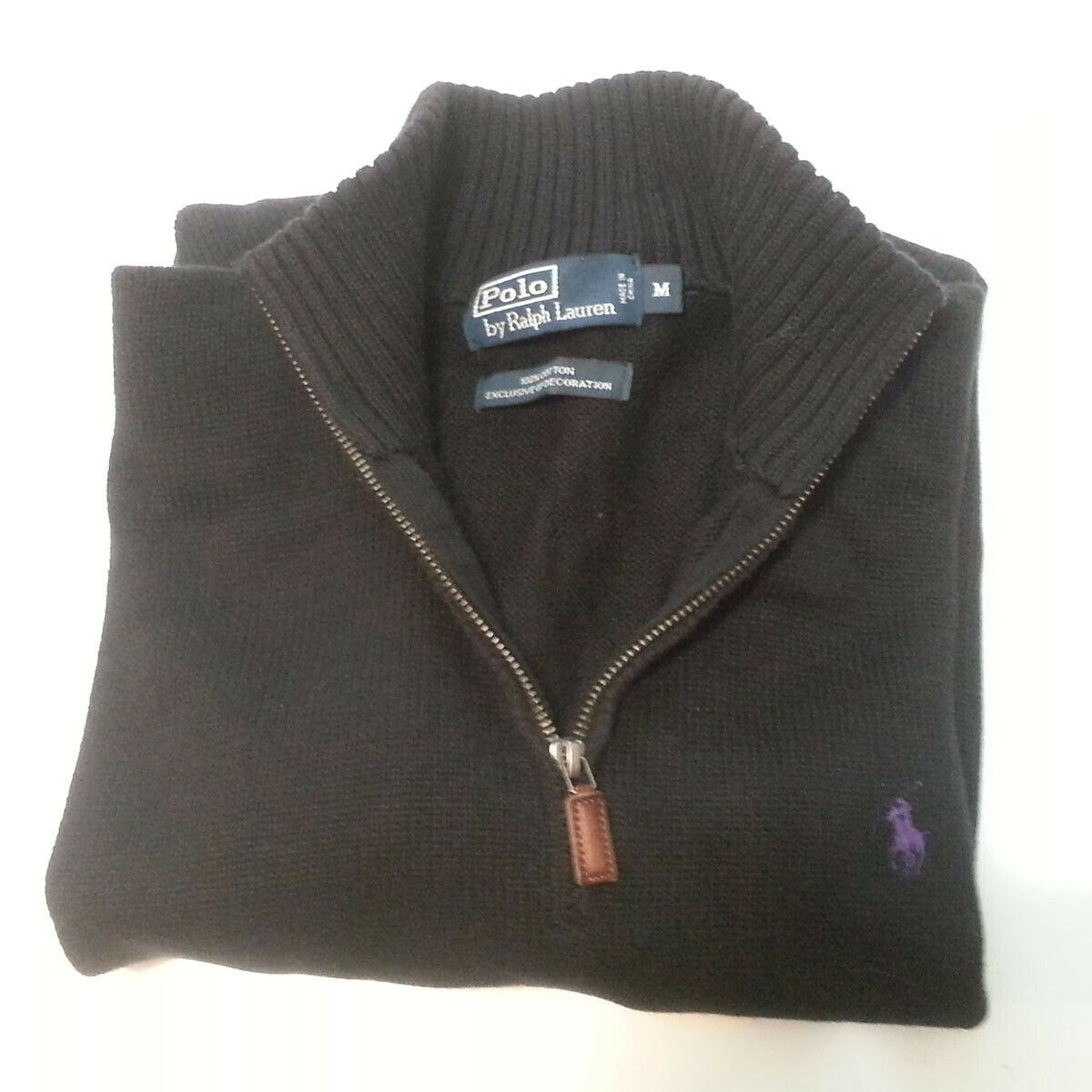 Primary image for POLO Ralph Lauren Men Size M Cotton Sweater 1/2 zip neck black purple pony