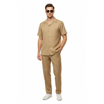 Men 2pc Walking Leisure Suit Short Sleeves By DREAMS 256-23 Solid Safari Tan image 6