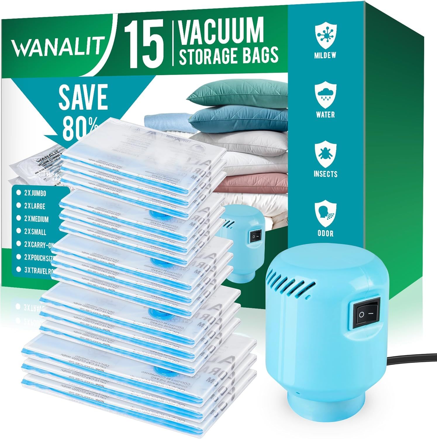 Vacuum Storage Bags With Electric Air Pump, New Air Valve Combo 15 Pack ... - $40.98