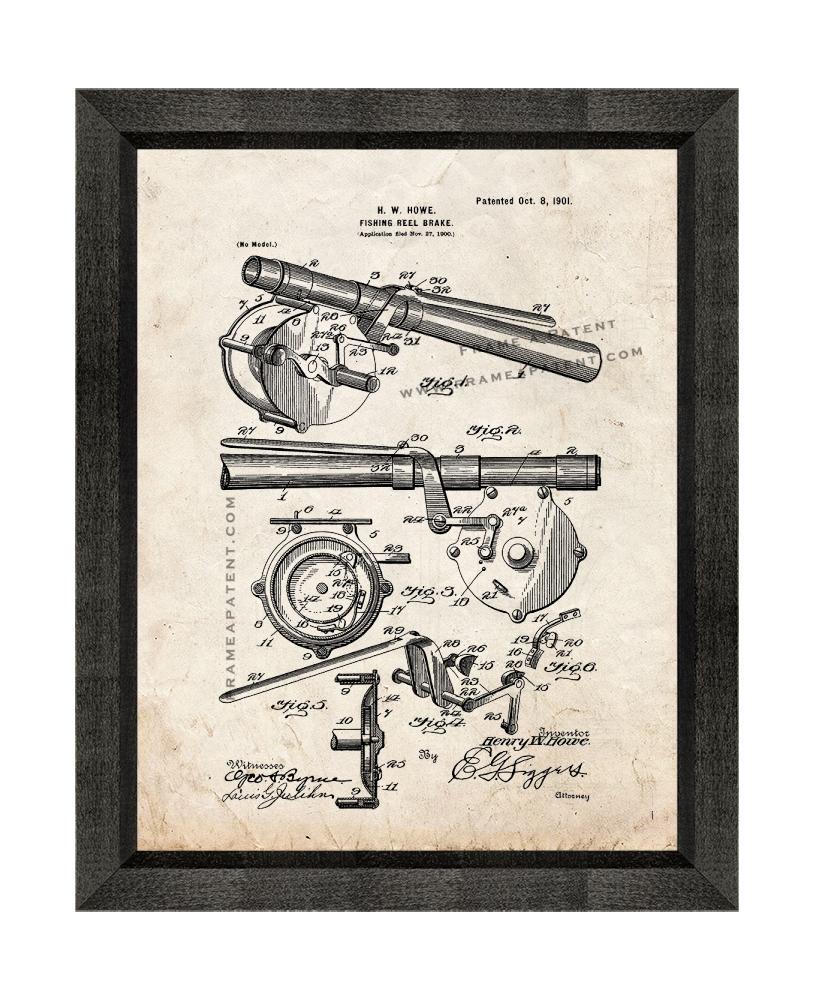 Fishing Reel Brake Patent Print Old Look with Beveled Wood Frame