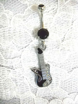 BLACK ENAMEL GUITAR w MUSIC NOTE &amp; CRYSTALS 14G CLEAR CZ BELLY BUTTON RING - £6.27 GBP