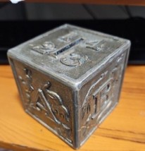 Vintage Leonard 3&quot; Building Block Cube Coin Bank Silver Plated Metal ABC’s 123’s - £7.39 GBP