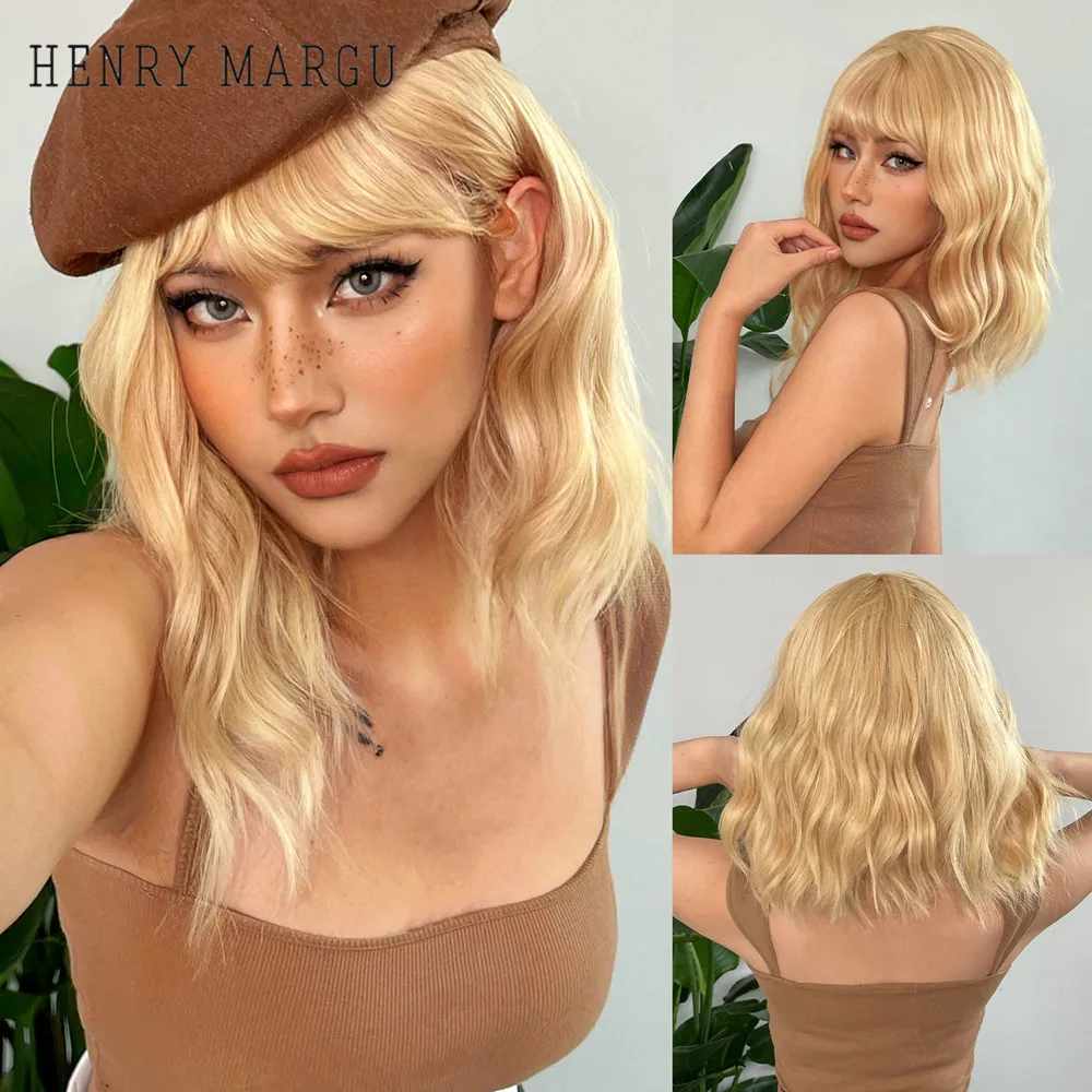 HENRY MARGU Short Blonde Wavy Wigs with Bangs Synthetic Bob Light Blonde W - £17.68 GBP+