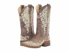Ladies Corral Boots A2663 Brown Distressed Leather~Ivory Embroidery~Square Toe - £181.64 GBP