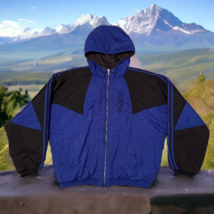 Vtg Adidas Trefoil Blue Puffer Winter Jacket Size Small Black &amp; Blue 90s Hooded - £56.34 GBP