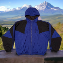 Vtg Adidas Trefoil Blue Puffer Winter Jacket Size Small Black &amp; Blue 90s Hooded - £53.81 GBP