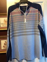NWT SanSoleil Hounstooth Navy Red Long Sleeve Mock Golf Shirt - XXL UPF 50 - £47.25 GBP