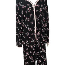 Secret Treasures Cotton Pajamas Woman M Black Floral Pink 2 Pcs Pants LS... - £13.25 GBP