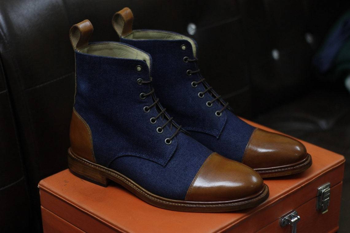 New Men's Handmade Formal Shoes Blue Jeans, Brown Leather Lace Up Ankle High