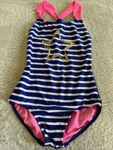 Circo Girls Blue White Striped Gold Star Pink Straps One Piece Swimsuit 7-8 - $8.33