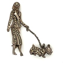 Vtg Sterling Signed 925 Woman walking her Scottie Dog Marcasite Accent B... - £42.81 GBP