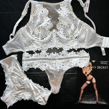 Victoria&#39;s Secret 32DD BRA SET+S,M thong+panty BEIGE white embroidered A... - £93.86 GBP