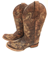 Circle G Women&#39;s Brown Leather Dragonfly Embroidered Snip Toe Corral Boots 9 M - £59.49 GBP