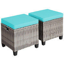 Costway 2Pcs Patio Rattan Cushioned Ottoman Seat Foot Rest Tableturquoise - £116.86 GBP