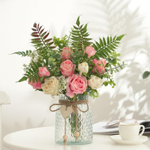 Mothers Day Gifts for Mom Wife, Fake Flowers with Vase, Silk Roses Artificial Fl - £29.75 GBP