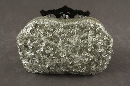 Vintage Silver Beaded Floral Sequin Satin Lined Evening Purse Handmade HONG KONG - £16.43 GBP