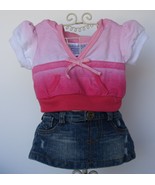 BUILD A BEAR Outfit with HANGER Denim Skirt, Ombre Pink and White Top EUC - $8.41
