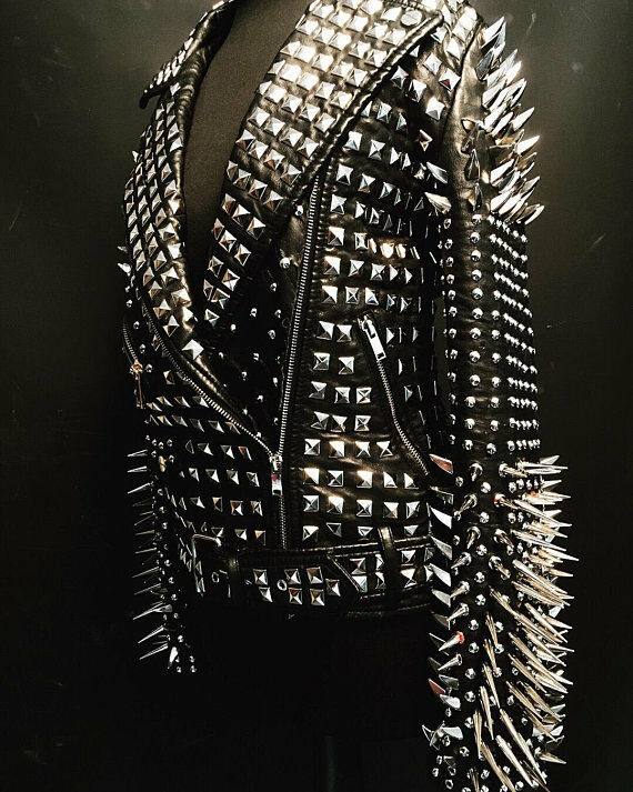 Women's Black Genuine Leather Full Heavy Metal Silver Spike Punk Studs Jacket