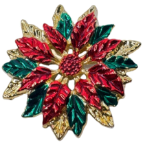 Christmas Poinsettia Pin Brooch Holidays Flower Red Green Gold Tone Jewelry 2 in - £10.29 GBP