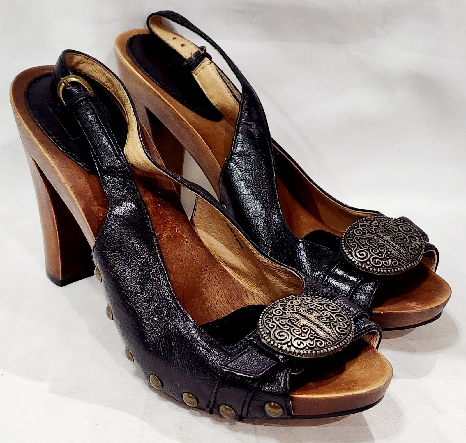 Frye DOLLY METAL SLING Black Leather Heel Wooden Slingback Peep Toe 5.5 ... - $44.55