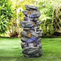 Outdoor Water Fountain Stacked Stone 4 Tiered Waterfall LED Decor 40 Inch New - £312.77 GBP