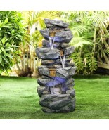 Outdoor Water Fountain Stacked Stone 4 Tiered Waterfall LED Decor 40 Inc... - £297.69 GBP