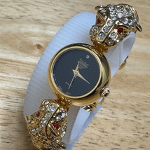 Park Lane Diamond Quartz Watch Women Gold Tone Leopard Head Cuff Bangle New Batt - $66.49