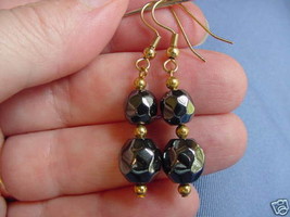 (EE-327) soft faceted Black hematite two bead gold wire dangle pair of EARRINGS - £7.60 GBP