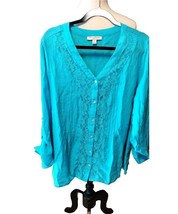 Studio Works Woman&#39;s Button Up Shirt Plus Size 3X Roll-Tab Sleeves Blue - $13.50