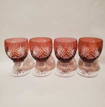 4 Pink Ruby Cut to Clear Crystal Glass Drinking Goblets Made In Hungary NEW - $148.49