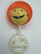 VINTAGE PLAKIE PLASTIC BABY RATTLE WITH PAINTED Yellow FACE AND Orange B... - $14.89