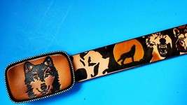 Wolf Scene Genuine Leather Belt &amp; Matching Wolf Epoxy Buckle A - £31.10 GBP