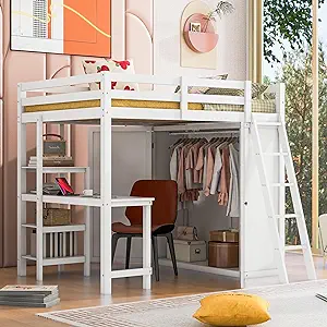 Full Loft Bed With Desk And Wardrobe, Loft Bed With Desk For Kids, Woode... - $1,137.99