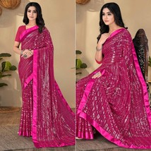 Elegant Pink Sequins Embroidered Georgette Saree - Partywear Indian Sari - £39.74 GBP