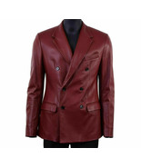 Blazer de cuero de oveja granate para hombre suave doble botonadura botó... - $127.57+