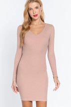 Women&#39;s Pink Long Sleeve V Neck Mini Rib Dress (L) - $20.30