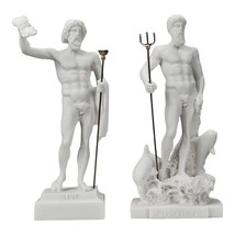 Set Gods Zeus and Poseidon Greek Cast Marble Statue Figure Sculpture Decor - £54.25 GBP