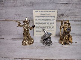 Lot of 3 Vintage Pewter Wizard Figurines Gold &amp; Silver Crystal Russ Magical Card - £37.46 GBP