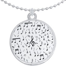 Black Grey Music Notes Pattern Round Pendant Necklace Beautiful Fashion Jewelry - £8.59 GBP